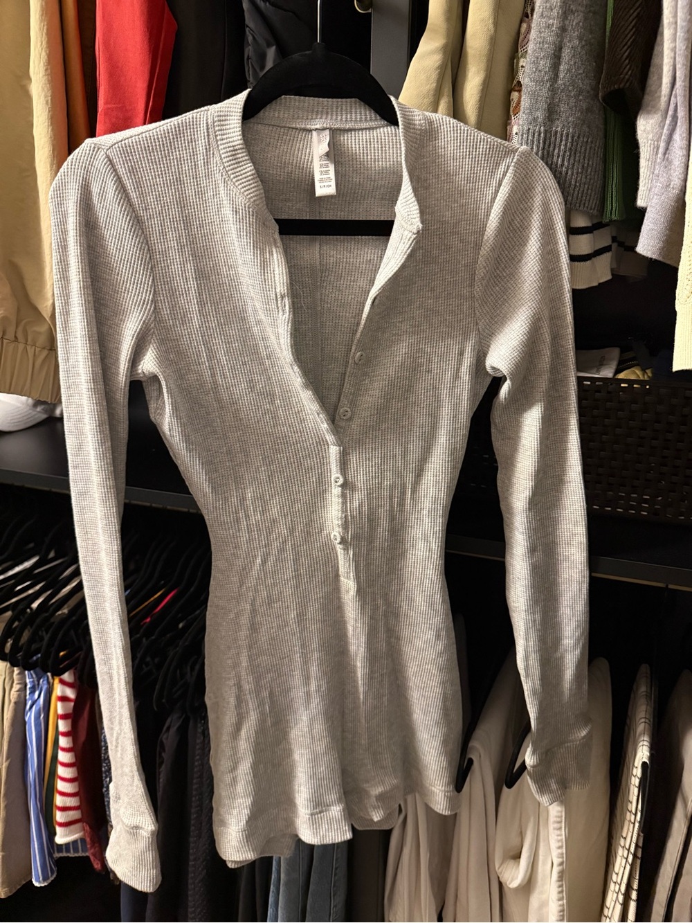 SKIMS Light Gray Ribbed Henley Long Sleeve Top